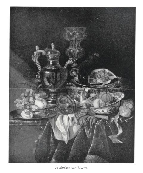 Anonimo — Beyeren Abraham Hendricksz van - sec. XVII - Natura morta con brocca sbalzata, bicchieri, frutta e orologio — insieme